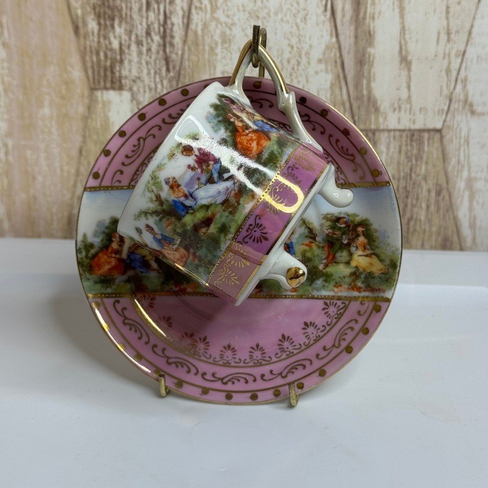 Lefton Pink Fragonard Courting Couple Footed Cup & Saucer Hand Painted